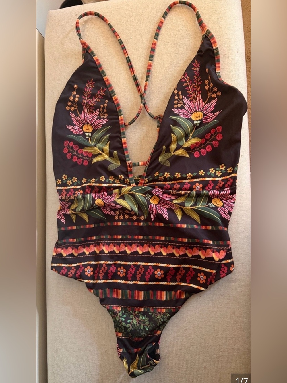 FARM Rio Praia XL Black Floral Plunge One Piece Swimsuit Strappy Tropical